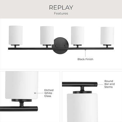 Replay Collection 4-Light Etched Glass Modern Bath Vanity Light Textured Black