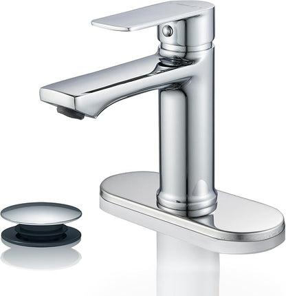 BELZ Chrome Bathroom Faucet, Modern Single Handle One Hole Bath Vanity Sink Faucets with Pop Up Drain and Deck Plate for 1 or 3 Holes