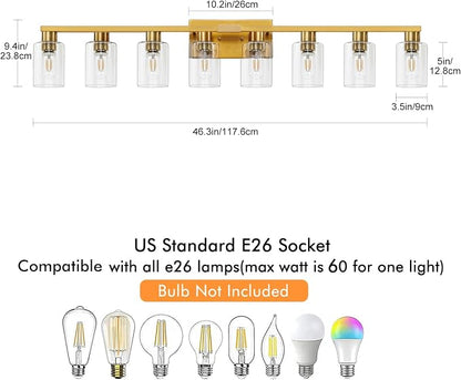 8 Light Gold Bathroom Light Fixtures, Modern Large Vanity Lights with Clear Glass Shade, Brushed Brass Bathroom Lighting Fixtures Over Mirror, Wall Scones Light for Bedroom, Living Room