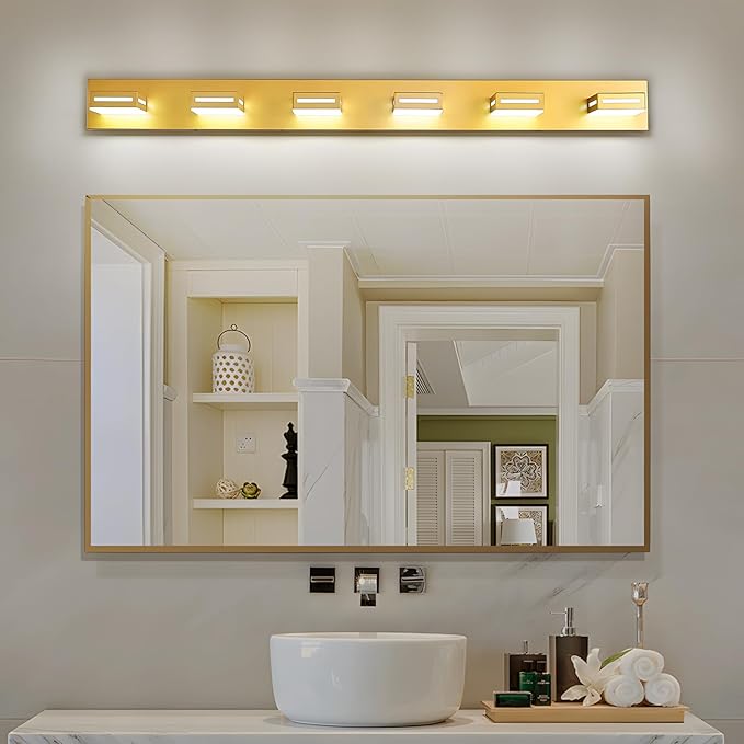LED Modern Bathroom Light Fixtures, 6-Light 48-Inch Gold Vanity Lights for Bathroom Lighting Fixtures Over Mirror, 350° Rotatable Acrylic, 6000K Cool White Wall Lamp