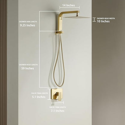 Brushed Gold Shower System with 10Inch Rain Shower Heads with Handheld Spray Combo, Gold Shower Faucet Set with Rain Shower and Handheld, Gold Shower Head and Handle Set(Shower Valve Kit Included)