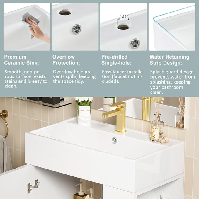 22" Small Bathroom Vanity with Sink, Morden Bathroom Vanities with Soft-Close Door and Open Shelf, Freestanding Narrow Vanity for Compact Space-Saving Bathrooms (White,22" Freestanding Right Shelf)