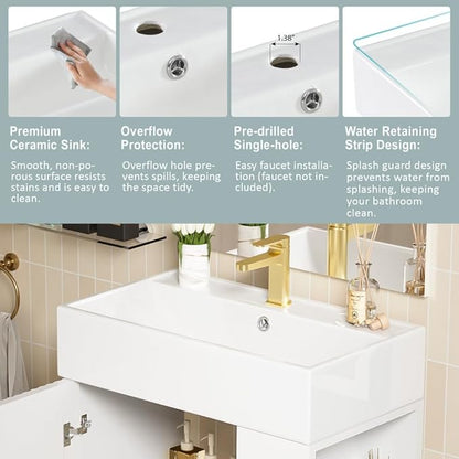 22" Small Bathroom Vanity with Sink, Morden Bathroom Vanities with Soft-Close Door and Open Shelf, Freestanding Narrow Vanity for Compact Space-Saving Bathrooms (White,22" Freestanding Right Shelf)