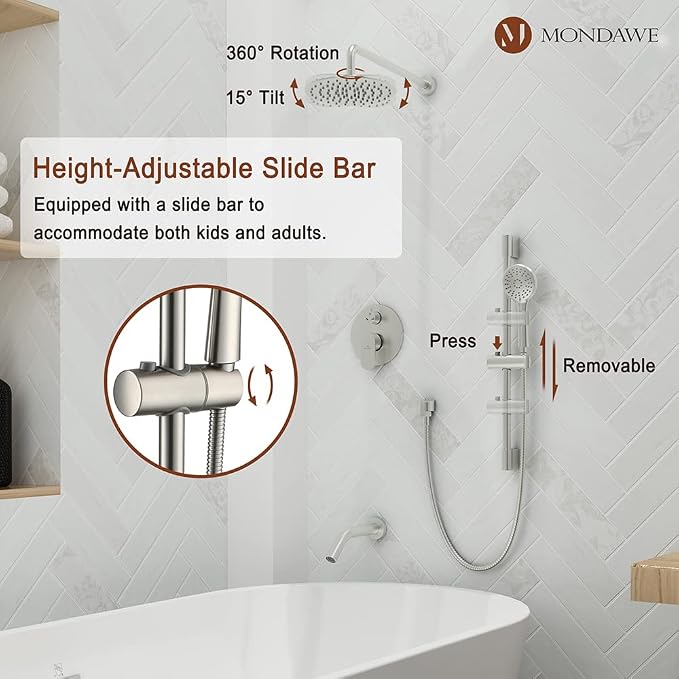 MONDAWE 9 Inch Wall Mounted Shower Faucet Set with Tub Spout in Brushed Nickel, Rainfall Shower Head with 3-Setting Handheld Spray Shower Combo, High Pressure Shower System with Solid Brass Valve
