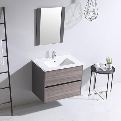 walsport Floating Bathroom Vanity with Sink & Mirror & Faucet & Countertop Set Small Wall Mounted Bathroom Single Sink Cabinet with Double Storage Drawers Modern (Brown1)