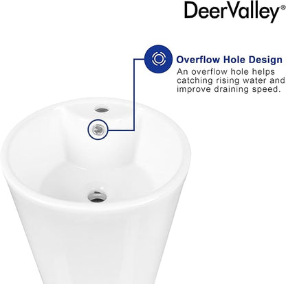 DeerValley 15" X 15" Circular Basin Pedestal Sink, Apex White Ceramic Pedestal Bathroom Sink with Overflow and Pre-Drilled, Modern Bath Porcelain Pedestal Sink Combo, DV-1P527