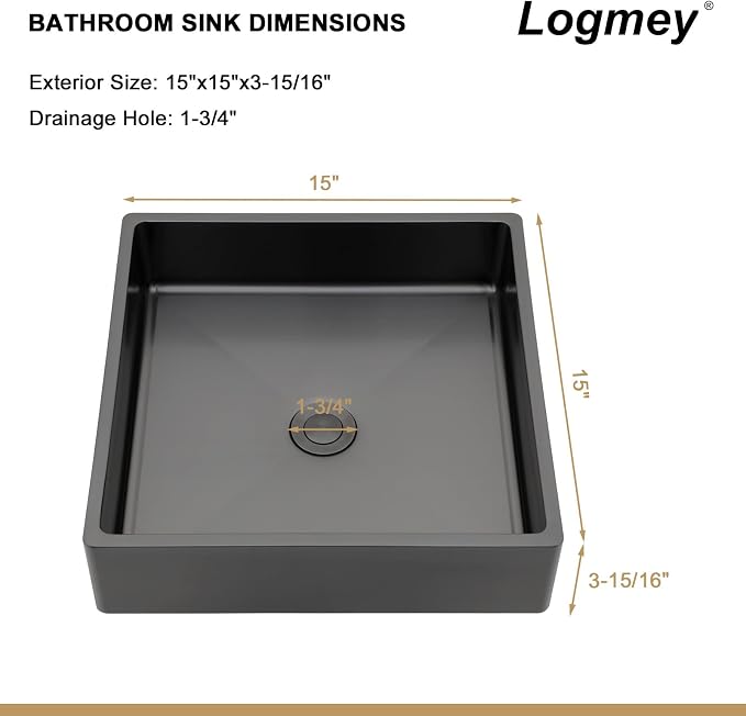 Logmey 15“ Black Shallow Bathroom Vessel Sink 15x15 Square Handmade 16 Gauge Stainless Steel Above Counter 4 Inch Deep RV Bathroom Sink Sinks with Pop up Drain Set