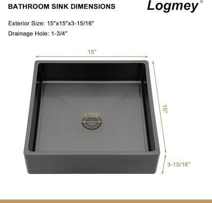 Logmey 15“ Black Shallow Bathroom Vessel Sink 15x15 Square Handmade 16 Gauge Stainless Steel Above Counter 4 Inch Deep RV Bathroom Sink Sinks with Pop up Drain Set