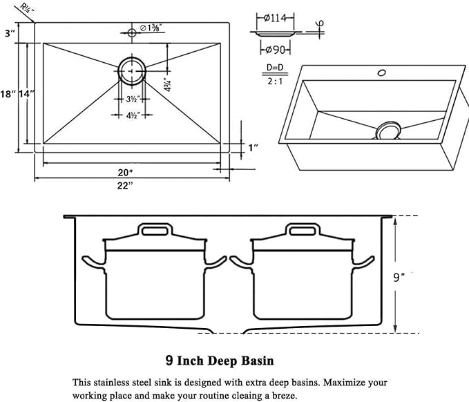 22x18 Inch Drop In Kitchen Sink, 22 Inch Topmount Outdoor Bar Sink, 16 Gauge Stainless Steel Single Bowl Brushed Nickel Small Kitchen Sink with Strainer Drain