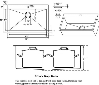 22x18 Inch Black Drop In Kitchen Sink, 22 Inch Gunmetal Black Outdoor Bar Sink, 16 Gauge Stainless Steel Single Bowl Small Kitchen Sink with Strainer Drain