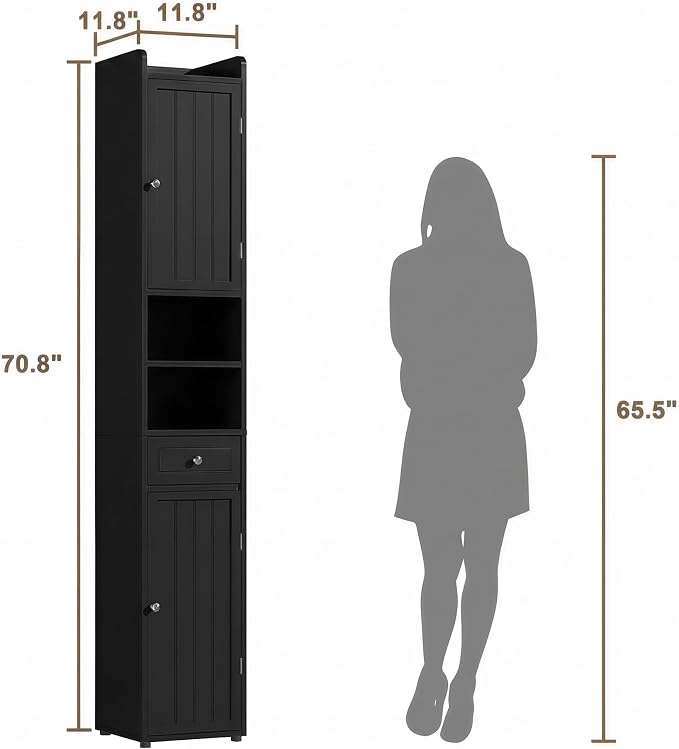 ChooChoo Tall Bathroom Storage Cabinet with Drawer, 11.8" x 11.8" x 70.8" | Narrow Storage Cabinet, Freestanding Cupboard for Small Spaces, Black