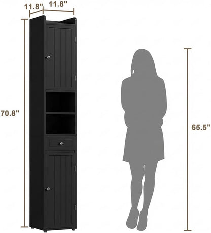 ChooChoo Tall Bathroom Storage Cabinet with Drawer, 11.8" x 11.8" x 70.8" | Narrow Storage Cabinet, Freestanding Cupboard for Small Spaces, Black
