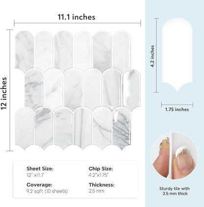 Vamos Tile Peel and Stick Backsplash,Thicker Design, Statuary White,10 pcs | Self Adhesive Vinyl Wall Tiles with White Grout, Stick on Backsplash for Kitchen, Bathroom, RV