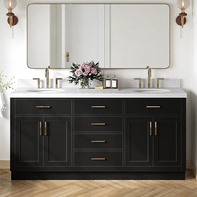 ARIEL Hepburn 72-inch Bathroom Vanity with Sink,Solid Wood, 1.5-inch Carrara White Quartz Countertop & Backsplash, Double Oval Porcelain Sink, 4 Soft Closing Doors, 6 Dovetail Drawers, Black