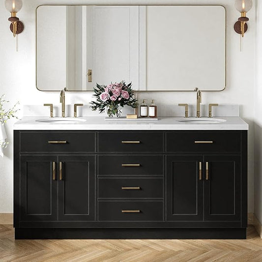 ARIEL Hepburn 72-inch Bathroom Vanity with Sink,Solid Wood, 1.5-inch Carrara White Quartz Countertop & Backsplash, Double Oval Porcelain Sink, 4 Soft Closing Doors, 6 Dovetail Drawers, Black