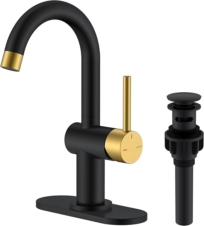 KENES Black and Gold Single Handle Bathroom Sink Faucet, Modern Prep Wet Bar Sink Faucet with Drain Assembly & Deck Plate, Vanity Faucets for Farmhouse RV Camper Utility, KE-9005B-BG