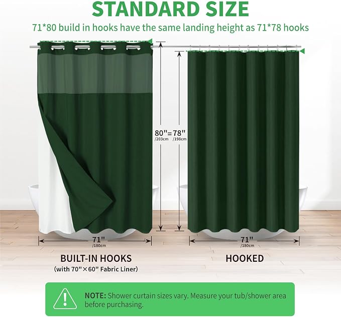 eachope No Hook Fabric Shower Curtain with Snap-in Liner,71x80 Emerald Green