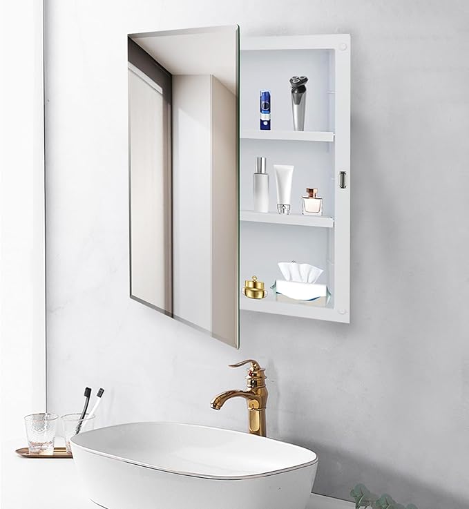 Bathroom Medicine Cabinet with Beveled Mirror, Medicine Cabinet with Storage Function, Hanging Storage Cabinet, Adjustable Shelves, White (16 x 22 inch)