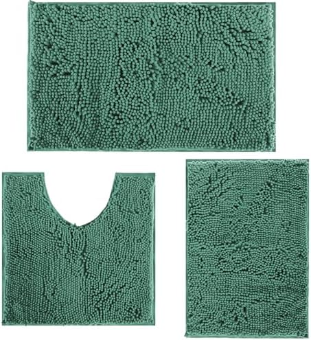 RUN HELIX Dark Green Bath Rugs Set 3 Piece Bathroom Rug Non-Slip Bath Mats, Absorbent Shaggy Rugs, Machine Wash, Perfect Plush Bathroom Mats