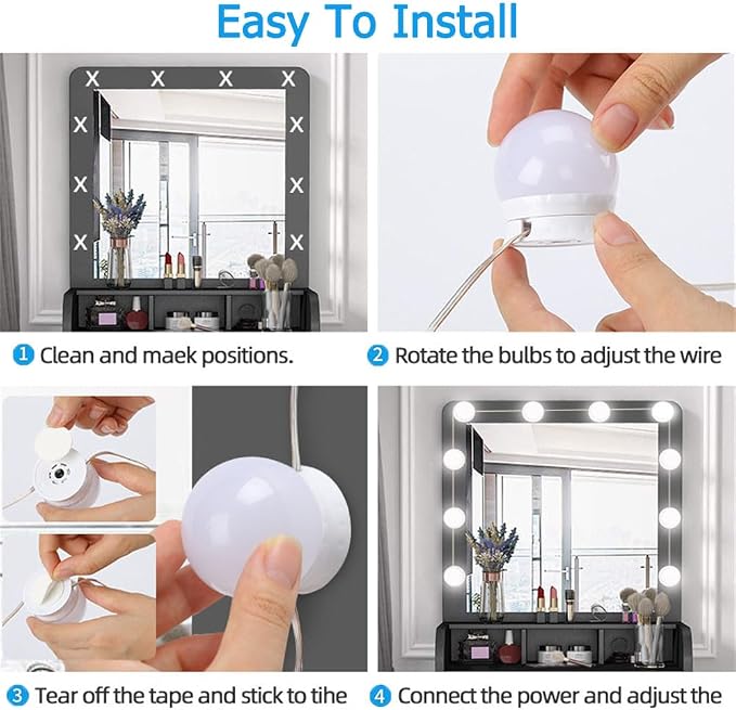 LED Vanity Lights for Mirror, Hollywood Style Vanity Lights with 10 Dimmable Bulbs, Adjustable Color & Brightness, USB Cable, Mirror Lights Stick on for Makeup Table Dressing Room (14 Lights)