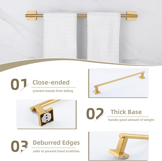 Suyar Brushed Gold Bathroom Accessories, Bathroom Hardware Set 4 Pieces | Include Robe Hook, Toilet Paper Holder, Hand Towel Holder, Towel Bar, SUS304 Stainless Steel, Wall Mounted