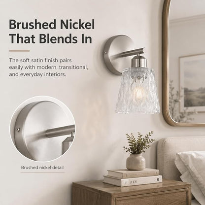 Brushed Nickel Bathroom Light Fixture, 1-Light Modern Vanity Wall Sconce with Textured Glass Shade, Stainless Steel Construction, E26 Socket (Bulb Not Included)