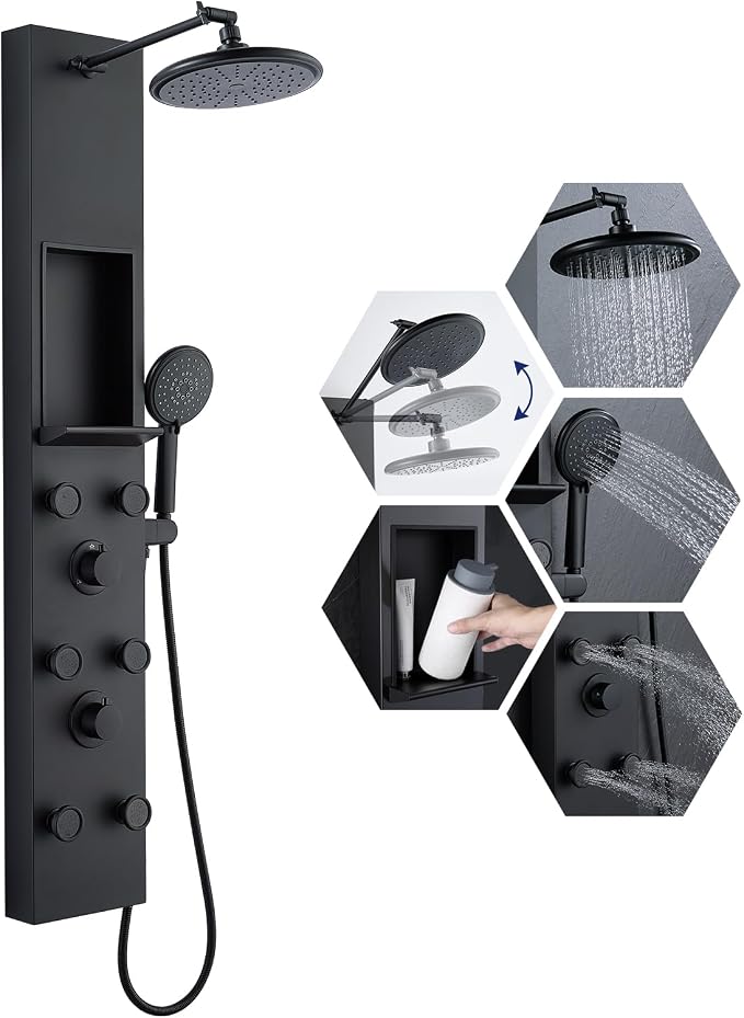 ROVATE Shower Panel Tower System with Shelf & 6 Body Jets, Matte Black | Stainless Steel Shower Column with Height Adjustable Shower Arm, Self-Cleaning Rainfall Shower & Handheld, Mixing Valve Body