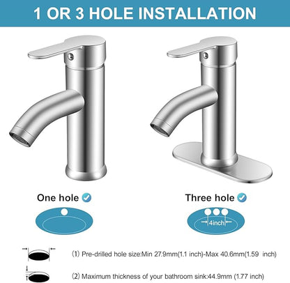 Brushed Nickel Bathroom Faucet Single Handle for 1 or 3 Hole Bathroom Sink Faucet with Deck Pop-up Drain and Supply Pipe,for Mixing wash Basin, RV