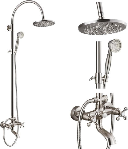 gotonovo Exposed Shower Faucet with Spout Brushed Nickel,Curved Pipe | Brass Bathroom Exposed Shower System,8’’ Rain Head,Swivel Tub Spout 2 Cross Handle,Adjustable Handheld Sprayer,Wall Mount