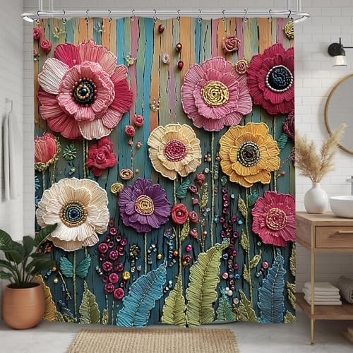 Vintage Colorful Flower Shower Curtain 60Wx72L Inch Botanical Blossom Retro Plant Bathroom Set Accessories Decor with 12 Pack Hooks
