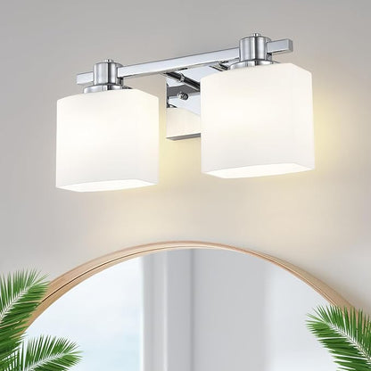 15.5 Inch Chrome Bathroom Light Fixtures Over Mirror 2 Light Bathroom Vanity Light Silver Modern Industrial Makeup Lighting Wall Sconce Farmhouse Rustic Milk Glass Lamp Desk Sink