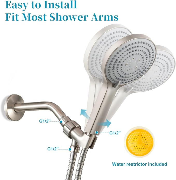 OFFO Handheld Shower Head Set, 6-Mode Brushed Nickel High Pressure Handheld Sprayer with 60" Stainless Steel Hose & Holder, High Flow Large Powerful Boosting Handheld Showerhead for Low Water Pressure