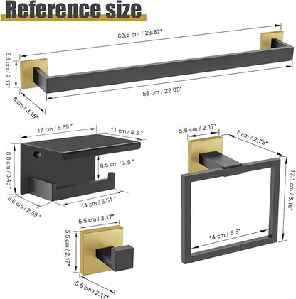 TURS Bathroom Hardware Set Black and Gold 4-Piece Towel Bar Set Include 24 Inch Towel Bar Towel Ring Towel Hook Toilet Paper Holder with Shelf Wall Mounted.
