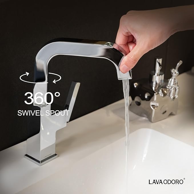 Chrome Bathroom Faucet Single Hole, Lava Odoro Square Bathroom Sink Faucet Single Handle Vanity Faucet with Drain Assembly, Solid Brass Vessel Sink Faucet Deck Plate Included, BF204-C