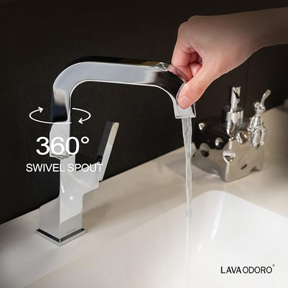 Chrome Bathroom Faucet Single Hole, Lava Odoro Square Bathroom Sink Faucet Single Handle Vanity Faucet with Drain Assembly, Solid Brass Vessel Sink Faucet Deck Plate Included, BF204-C
