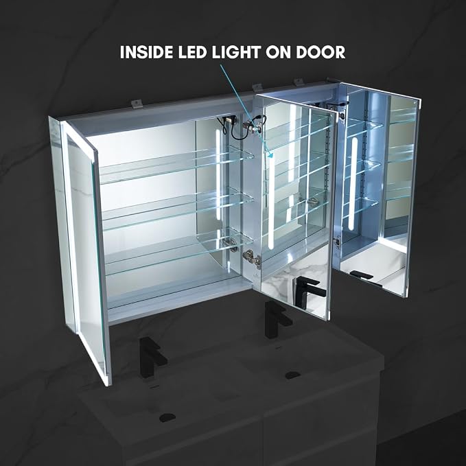 Blossom LED Lighted Mirror Medicine Cabinet, 48x32 Inch, Wall Mounted Recessed or Surface Bathroom LED Medicine Cabinet with Mirror, Makeup Mirror with Lights, Defogger, Adjustable Brightness