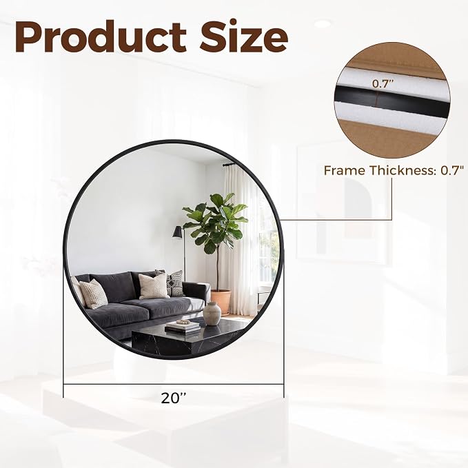 Sweetcrispy 20 Inch Round Wall Mirror, Bathroom Mirrors for Over Sink | Matte Metal Framed, Wall Decor for Bedroom, Entryway, Anti-Rust, Tempered Glass, Hanging or Leaning, Black