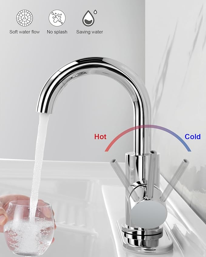 RKF Single-Handle Swivel Spout Bathroom Sink Faucet with Pop-up Drain with Overflow and Supply Hose,Bar Sink Faucet,Small Kitchen Faucet Tap,Chrome Polished,BF3501P-CP2