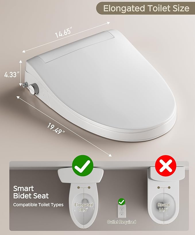 Electric Toilet Seat Elongated with Voice Control, Heated Toilet Seat with Warm Water & Dryer, Radar Sensor Auto Open/Close, LED Temp Display, Electric Bidet Toilet Seat for Bathroom
