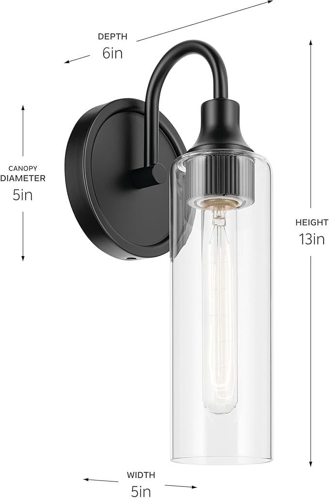 Kichler Kavi 5" 1-Light Wall Sconce with Clear Glass in Black, Damp Rated, for Bathroom, Powder Room, Kitchen, Hallway, Bedroom, Fireplace, (5" W x 13" H), 55209BK