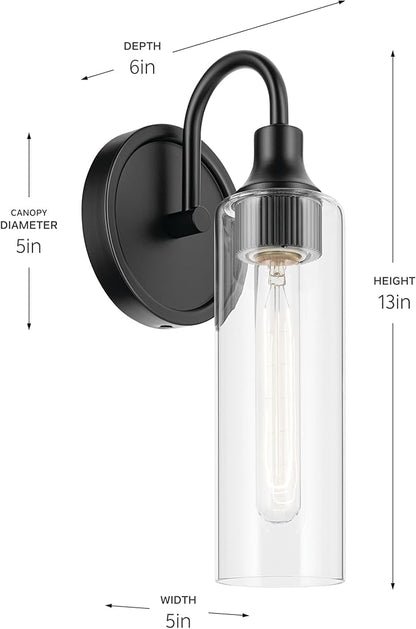 Kichler Kavi 5" 1-Light Wall Sconce with Clear Glass in Black, Damp Rated, for Bathroom, Powder Room, Kitchen, Hallway, Bedroom, Fireplace, (5" W x 13" H), 55209BK