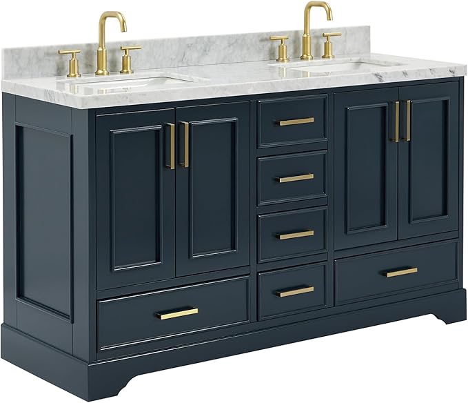 ARIEL Stafford 60-inch Bathroom Vanity with Sink,Solid Wood, 1.5-inch Italian Carrara Marble Countertop, Double Rectangular Porcelain Sink, 4 Soft Closing Doors, 6 Dovetail Drawers, Midnight Blue