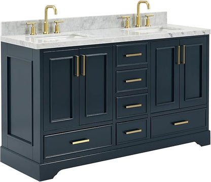 ARIEL Stafford 60-inch Bathroom Vanity with Sink,Solid Wood, 1.5-inch Italian Carrara Marble Countertop, Double Rectangular Porcelain Sink, 4 Soft Closing Doors, 6 Dovetail Drawers, Midnight Blue