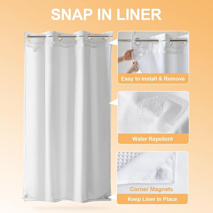 River Dream Cotton Blend No Hook Shower Curtain with Liner, White, 36x74 | with Snap in Liner, Heavyweight Waffle, Hotel Grade for Stall Bathroom, Water Repellent, Corner Magnets, Machine Washable