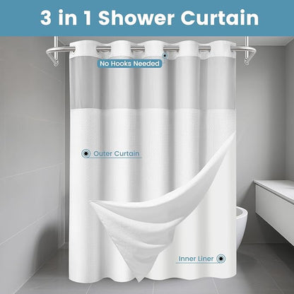 SORTTO No Hook Shower Curtain with Snap in Liner Set Waffle Shower Curtain for Bathroom Hotel Style Fabric Waterproof Inner Liner，36" W x 74" H, White
