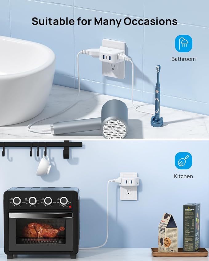 TROND Outlet Extender with USB, 2 AC Sockets and 3 USB Ports | 3-Side Design Wall Plug Adapter, Cruise Essentials, Plug Extension Outlet for Travel Home Office, White