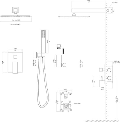 Rain Shower System - Lordear 10 Inch Rainfall Shower Head Faucet System Set Wall Mounted Matte Black Stainless Steel Square Shower Head with Handheld Combo, Brass Valve Included
