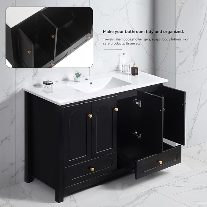 LZ LEISURE ZONE 48" Bathroom Vanity with Ceramic Sink Combo, Abundant Cabinet -4 Soft Close Doors and 2 Drawers, Black