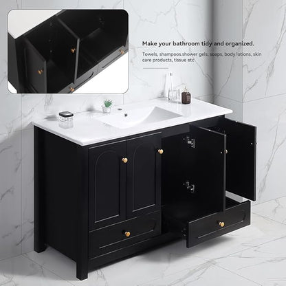 LZ LEISURE ZONE 48" Bathroom Vanity with Ceramic Sink Combo, Abundant Cabinet -4 Soft Close Doors and 2 Drawers, Black
