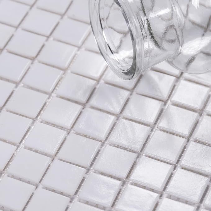 11.5 sq.ft White Glass Mosaic Tile for Bathroom, Pool, Kitchen Backsplash | Waterproof Wall & Floor Tile. Heat & frost resistant outdoors. Mesh-mounted easy install. Use any grout. Easy clean. 10pcs.